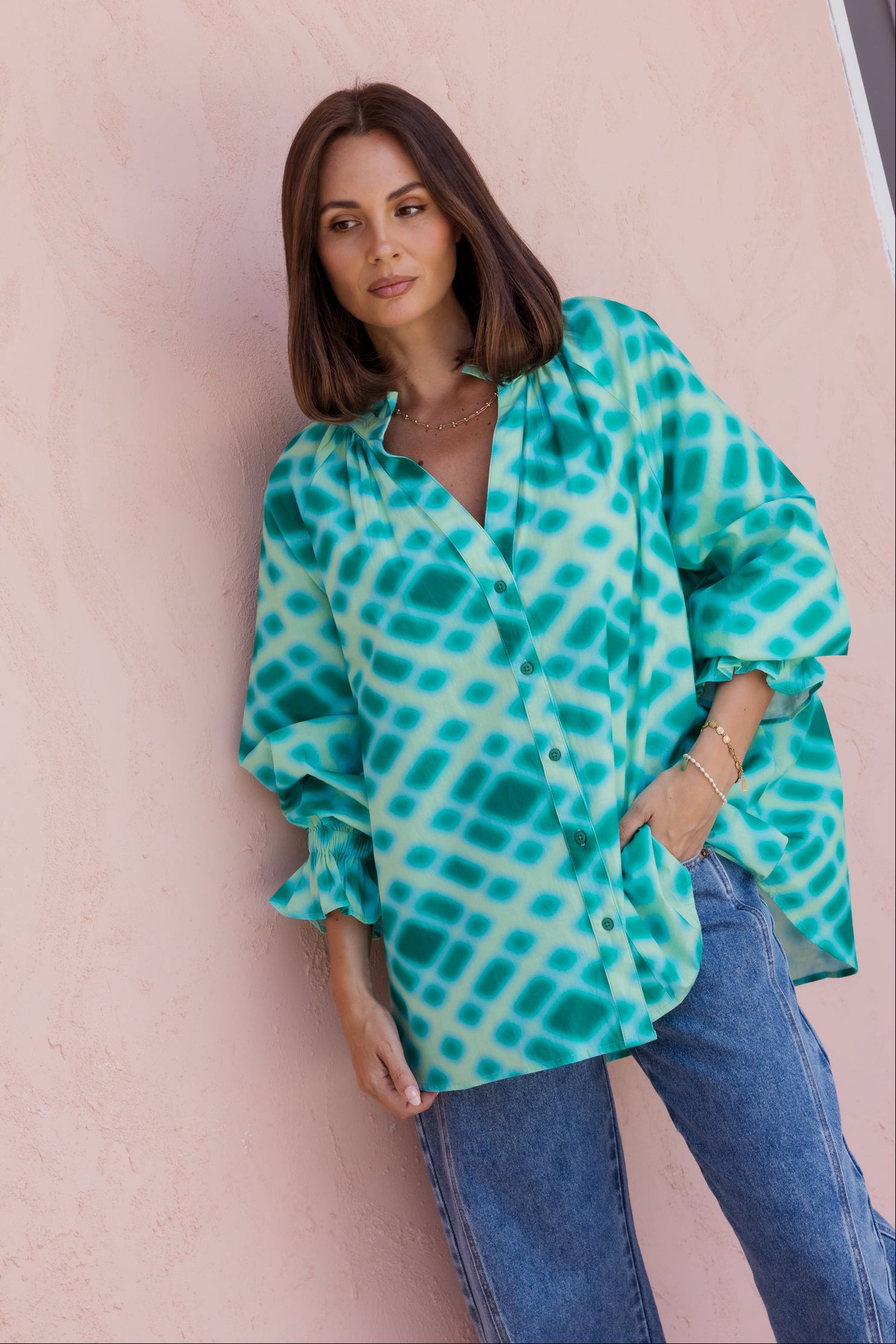 MEEKA Blouse Emerald Crosshatch