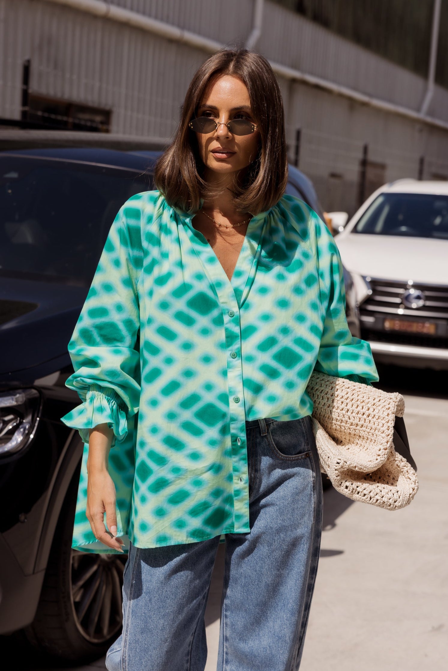 MEEKA Blouse Emerald Crosshatch