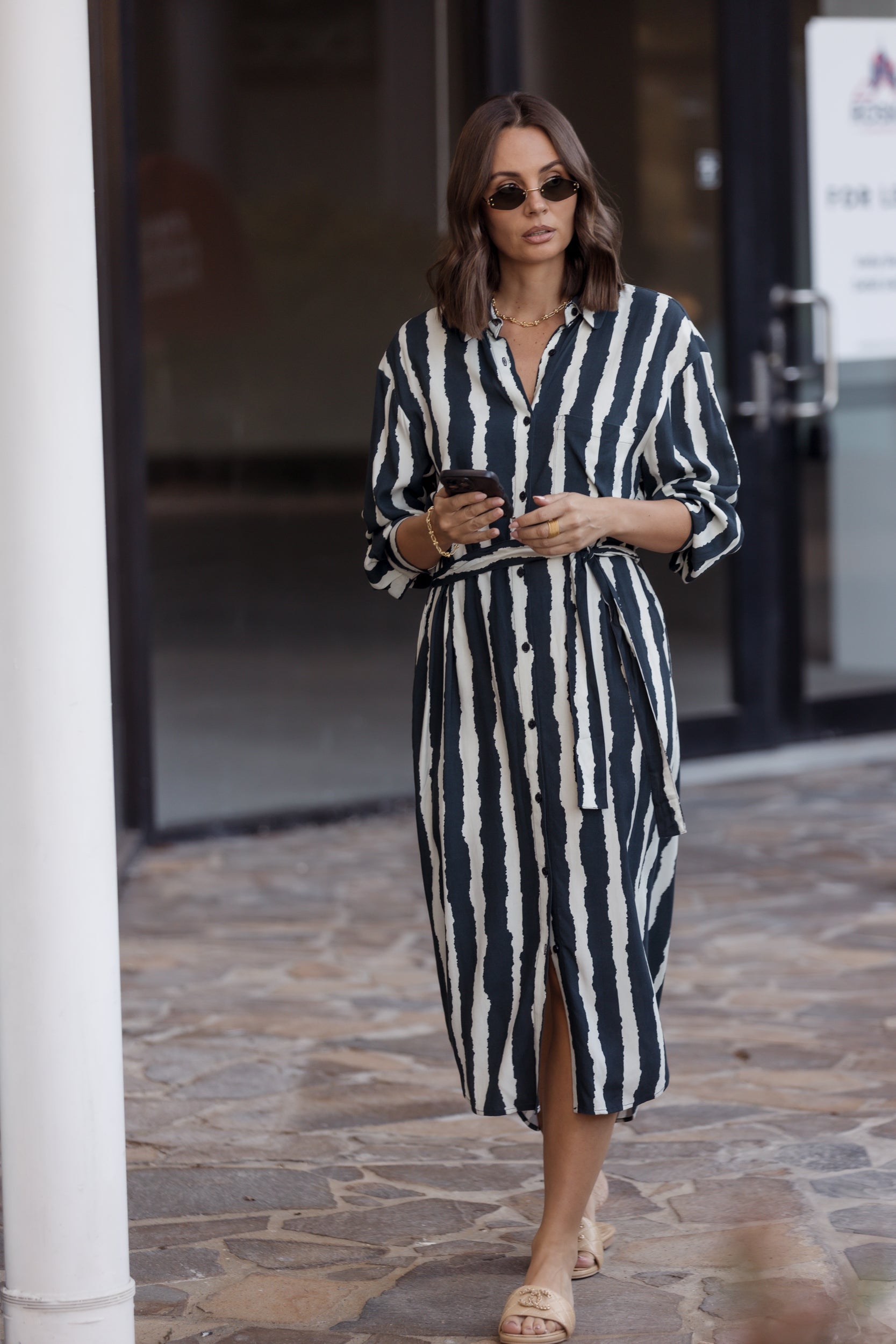 BANTAS Dress Navy Textured Stripe