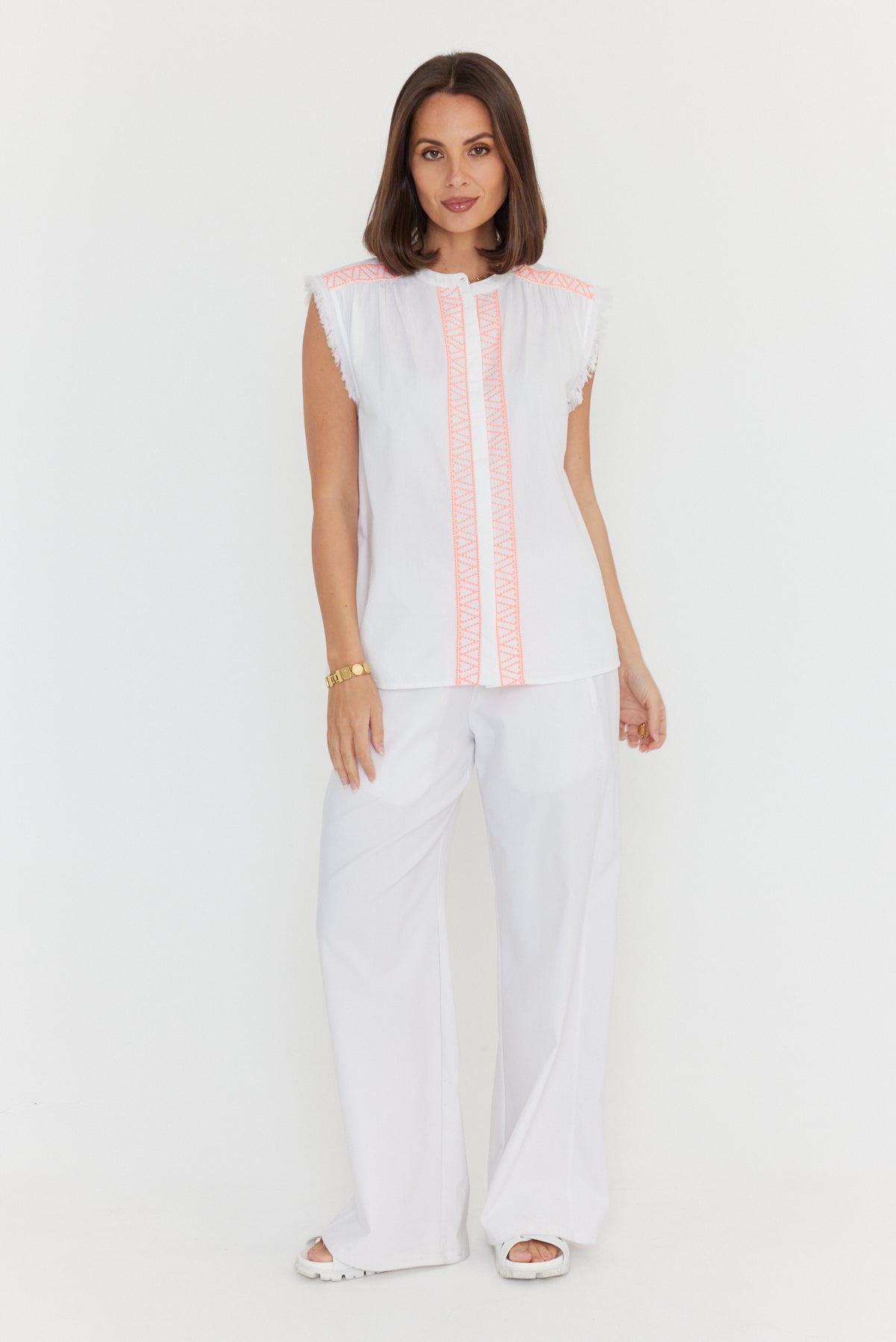 ROMAN Blouse White/Fluro Pink