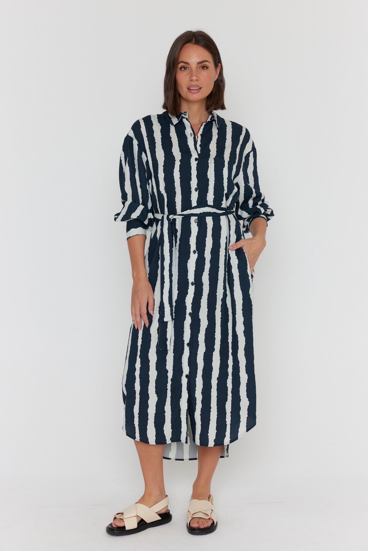 BANTAS Dress Navy Textured Stripe