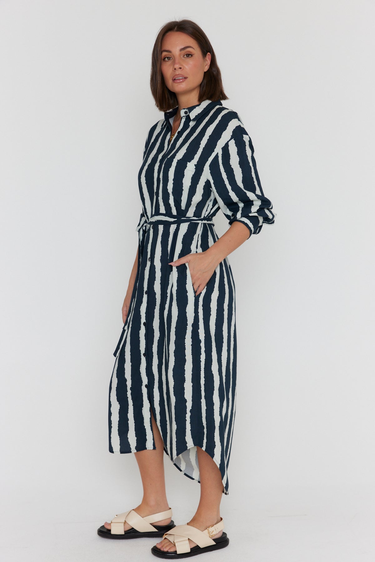 BANTAS Dress Navy Textured Stripe