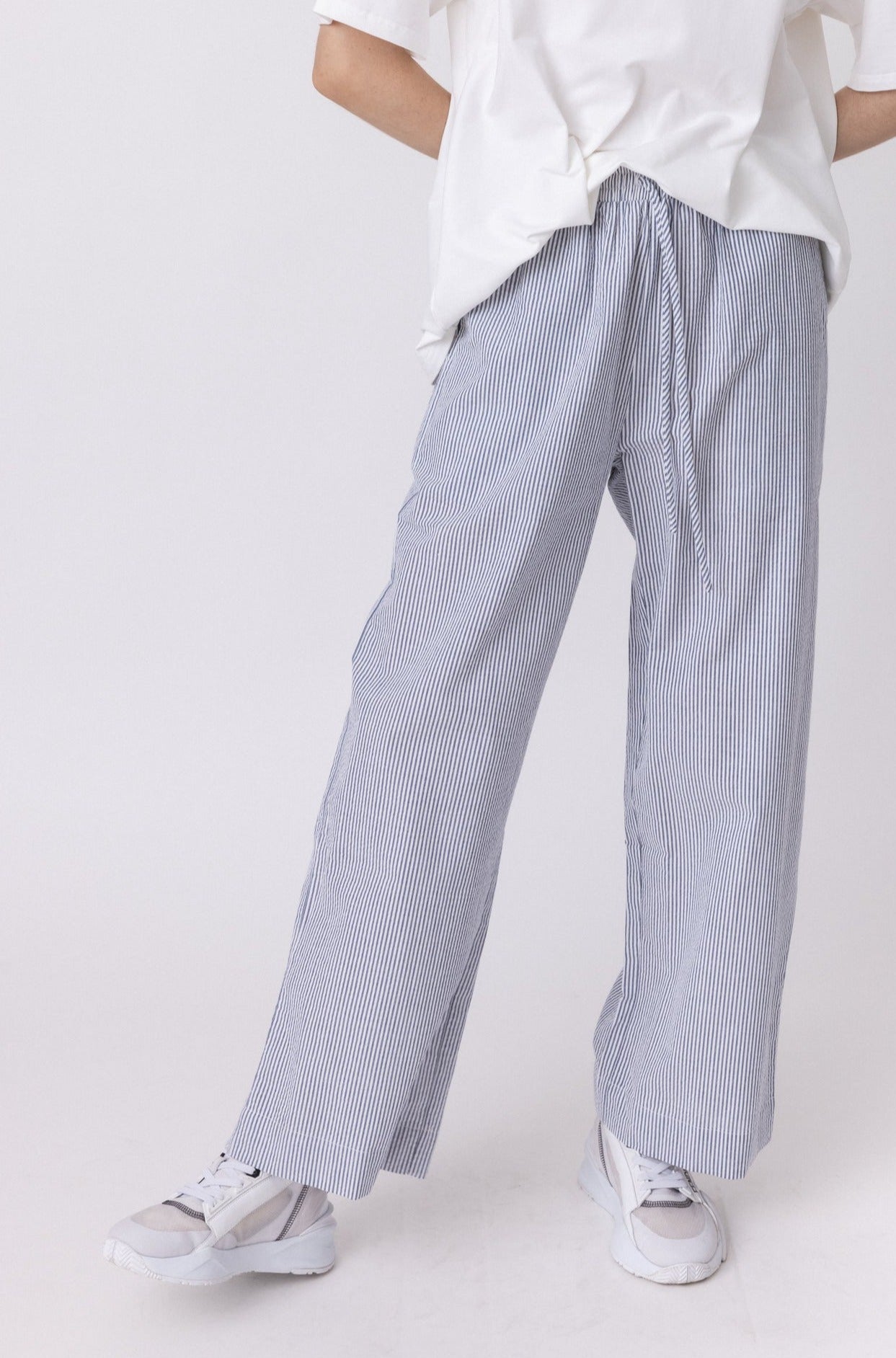 Navy blue and white striped pants online