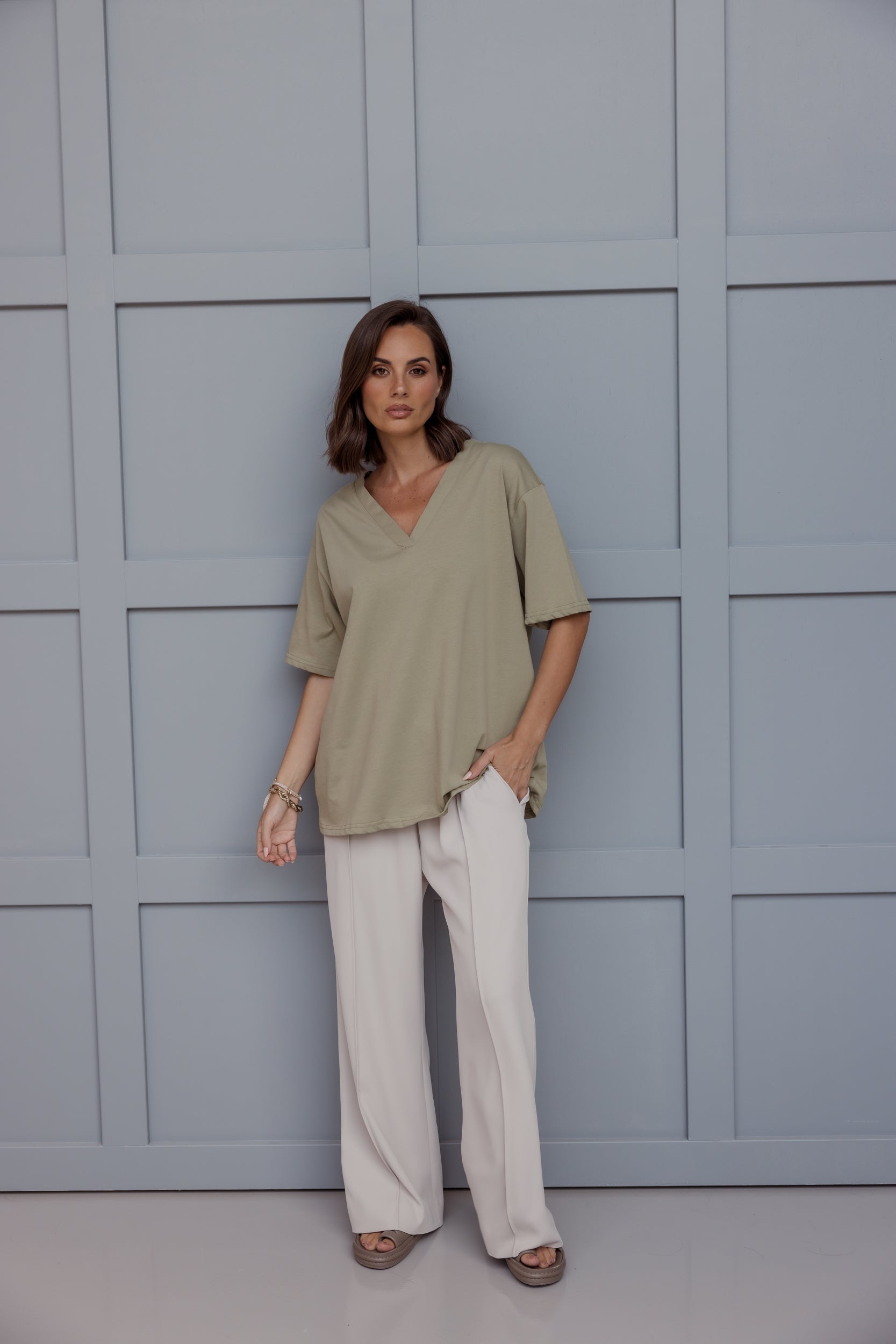 NIX V-Neck T-Shirt Green Taupe