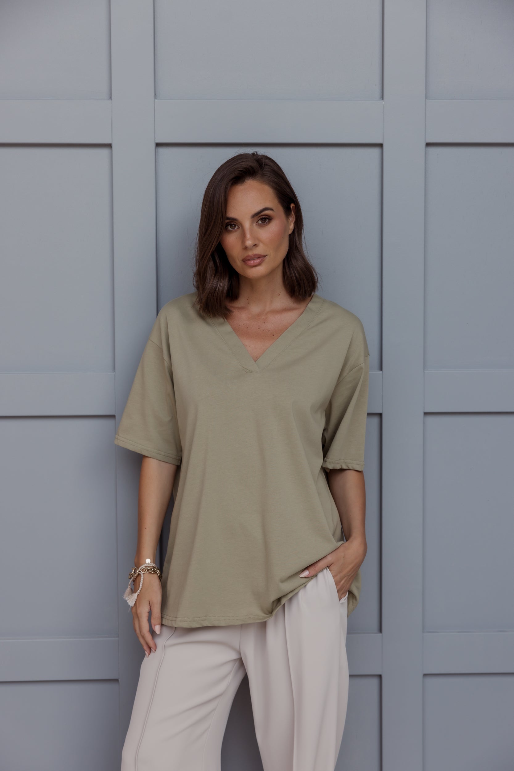 NIX V-Neck T-Shirt Green Taupe