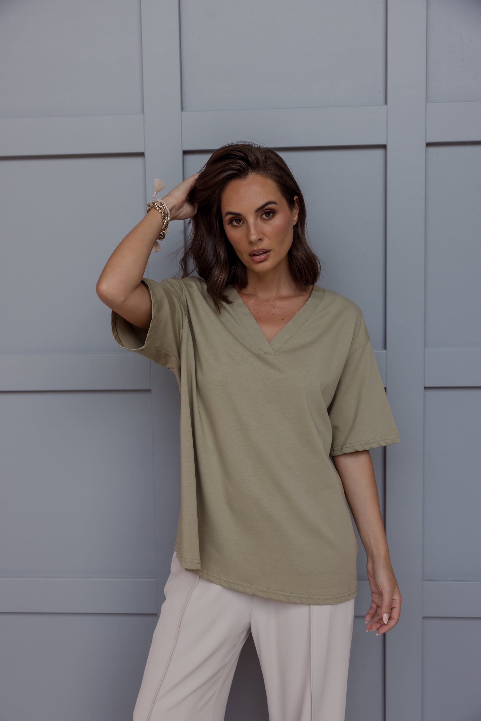 NIX V-Neck T-Shirt Green Taupe