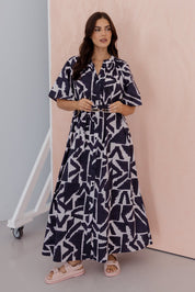 KITTO Dress Navy Geo Print