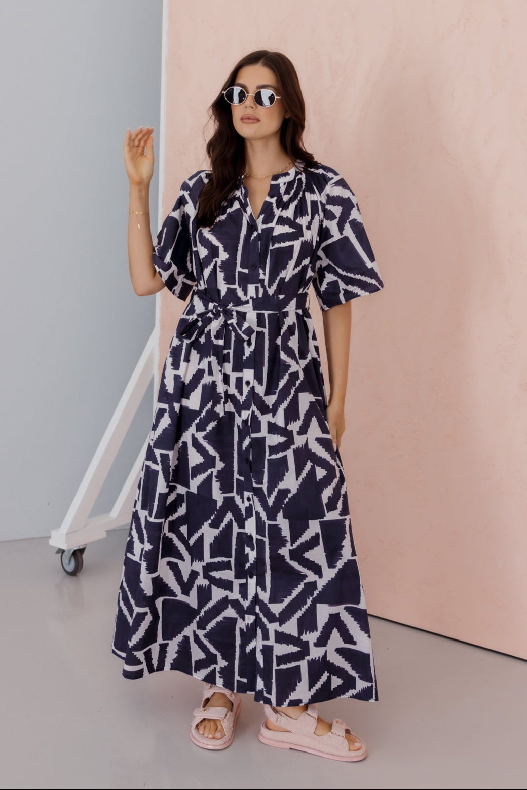 KITTO Dress Navy Geo Print
