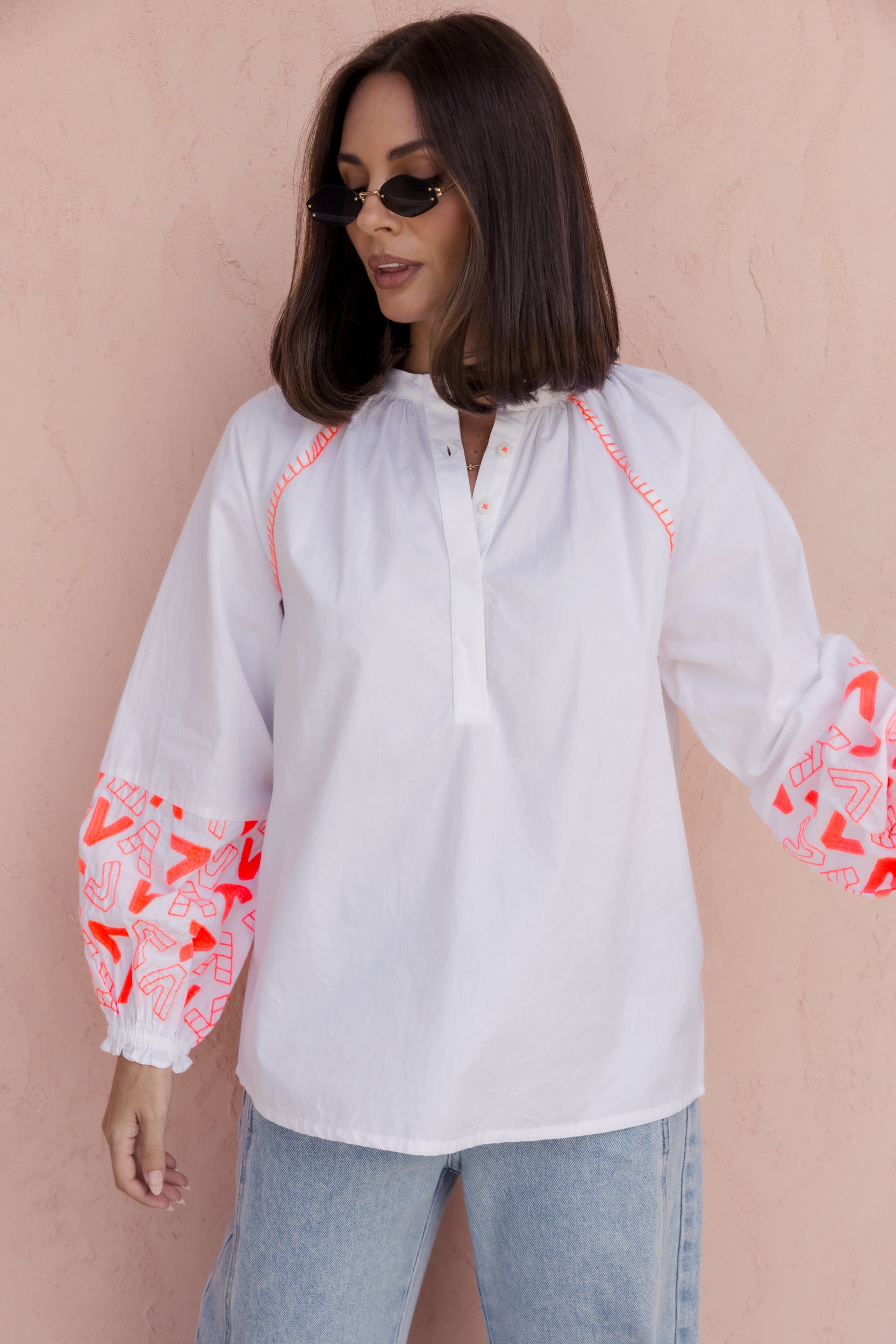 ZOEY Blouse White/Fluro Orange