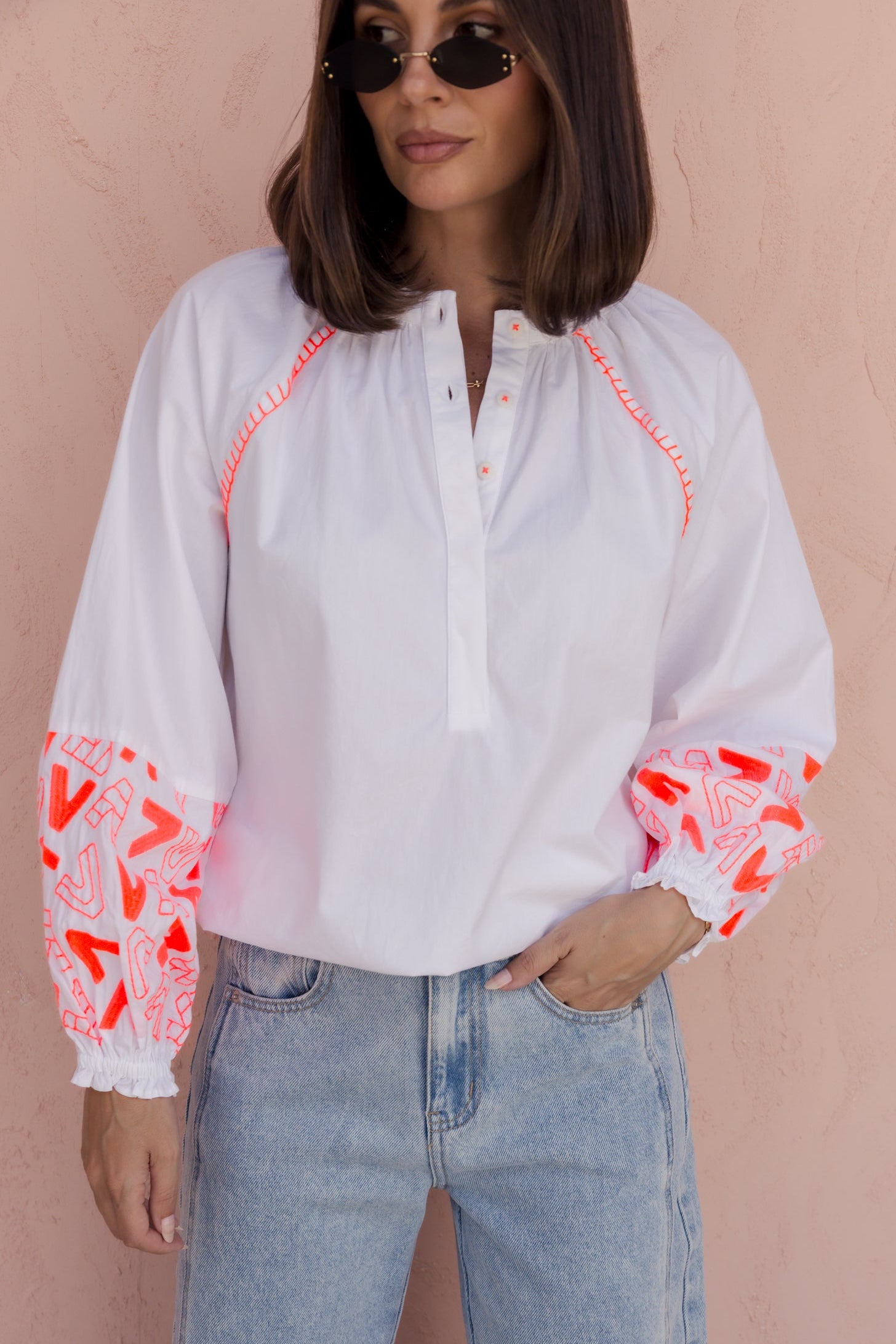 ZOEY Blouse White/Fluro Orange