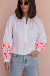 ZOEY Blouse White/Fluro Orange
