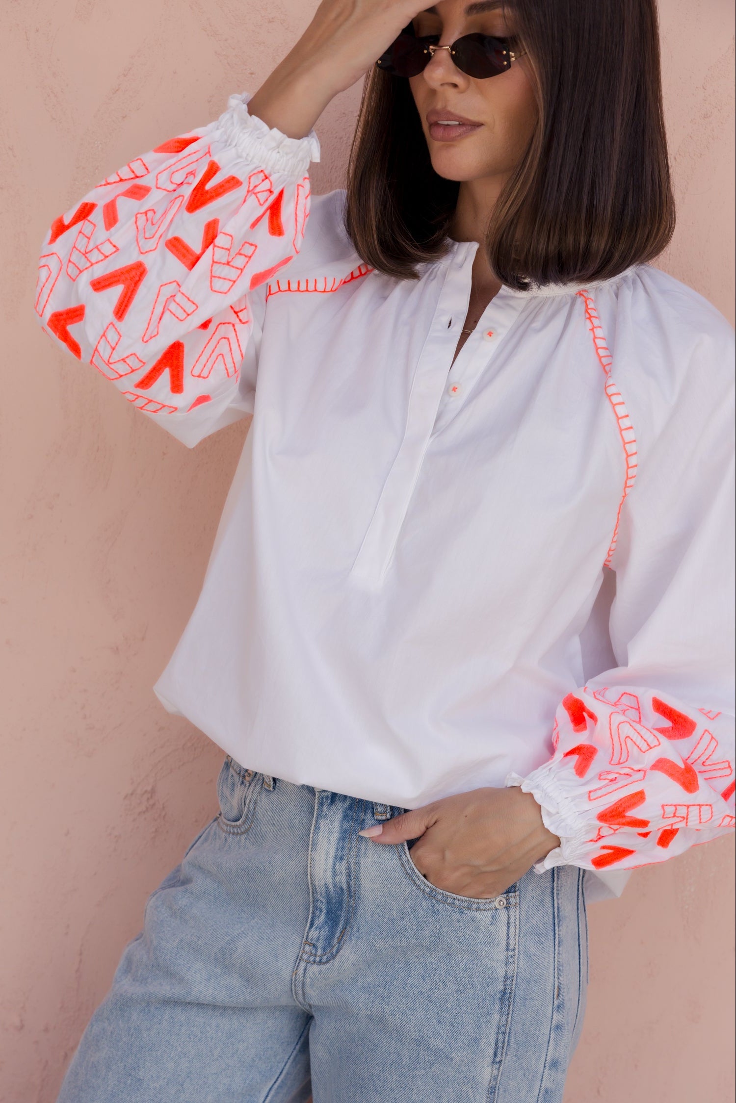 ZOEY Blouse White/Fluro Orange