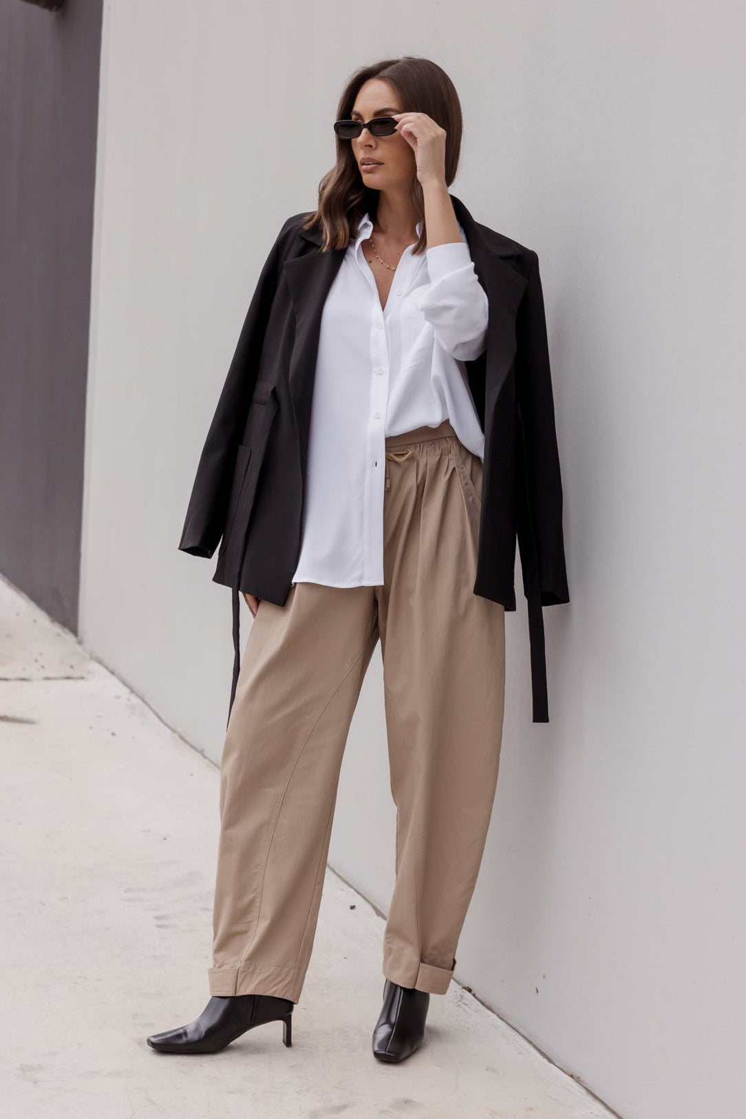 VALE Pants in Beige, relaxed barrel leg cotton twill pants by Alexandra Australia