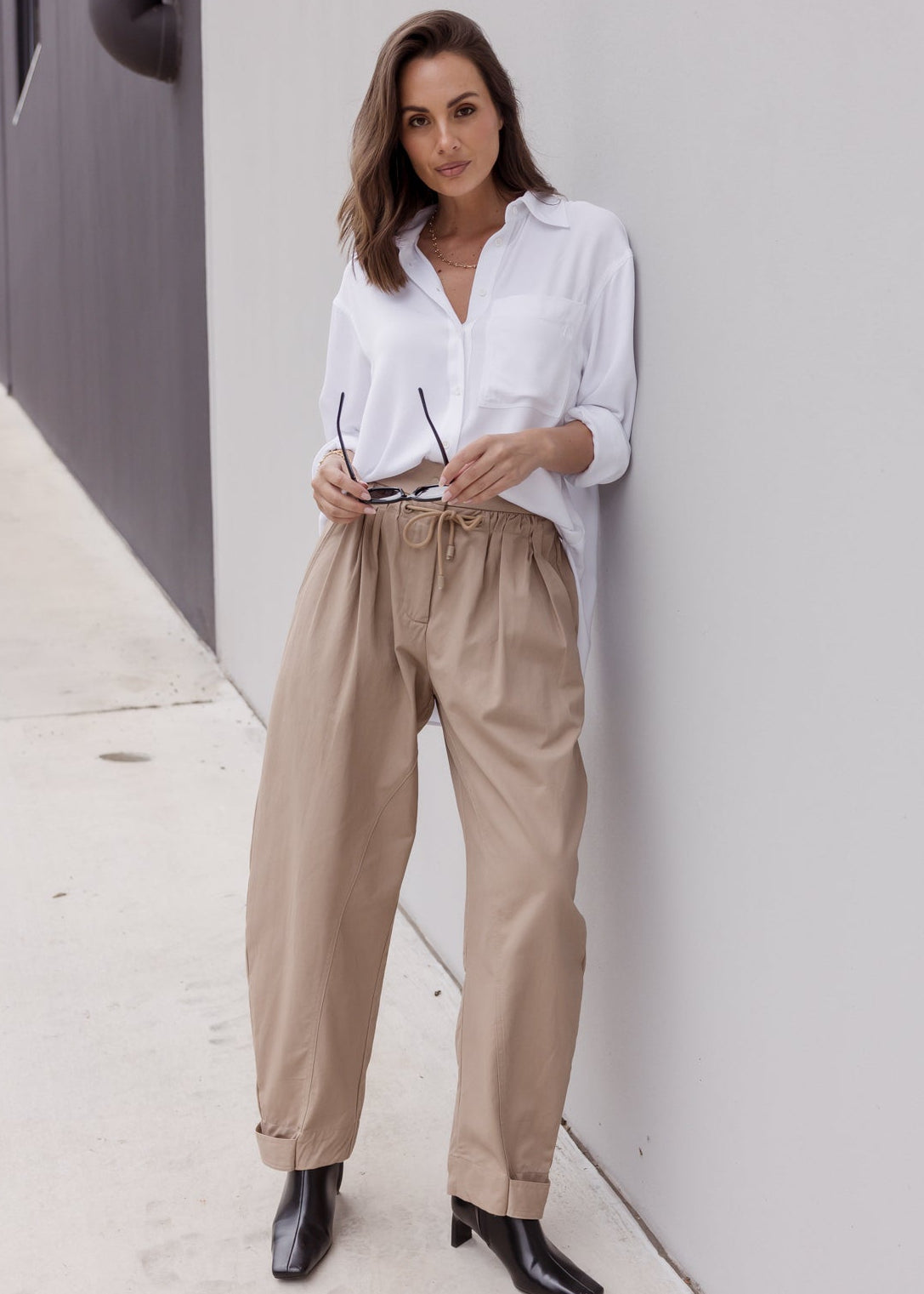 VALE Pants in Beige, relaxed barrel leg cotton twill pants by Alexandra Australia