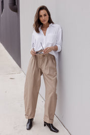 VALE Pants in Beige, relaxed barrel leg cotton twill pants by Alexandra Australia