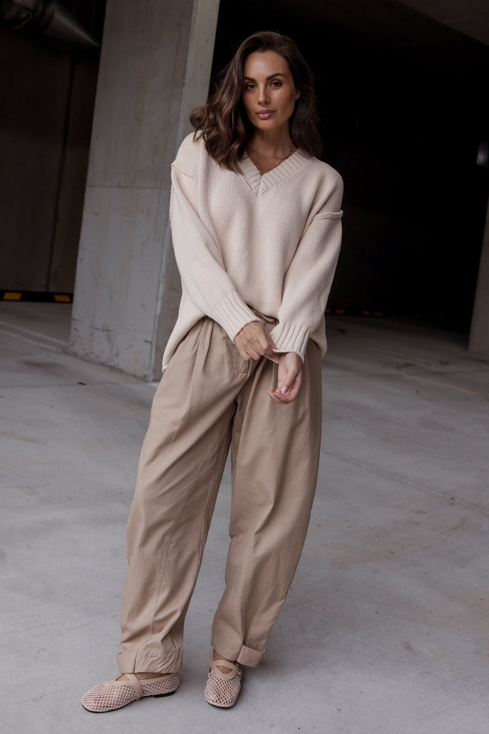 VALE Pants in Beige, relaxed barrel leg cotton twill pants by Alexandra Australia