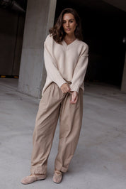 VALE Pants in Beige, relaxed barrel leg cotton twill pants by Alexandra Australia