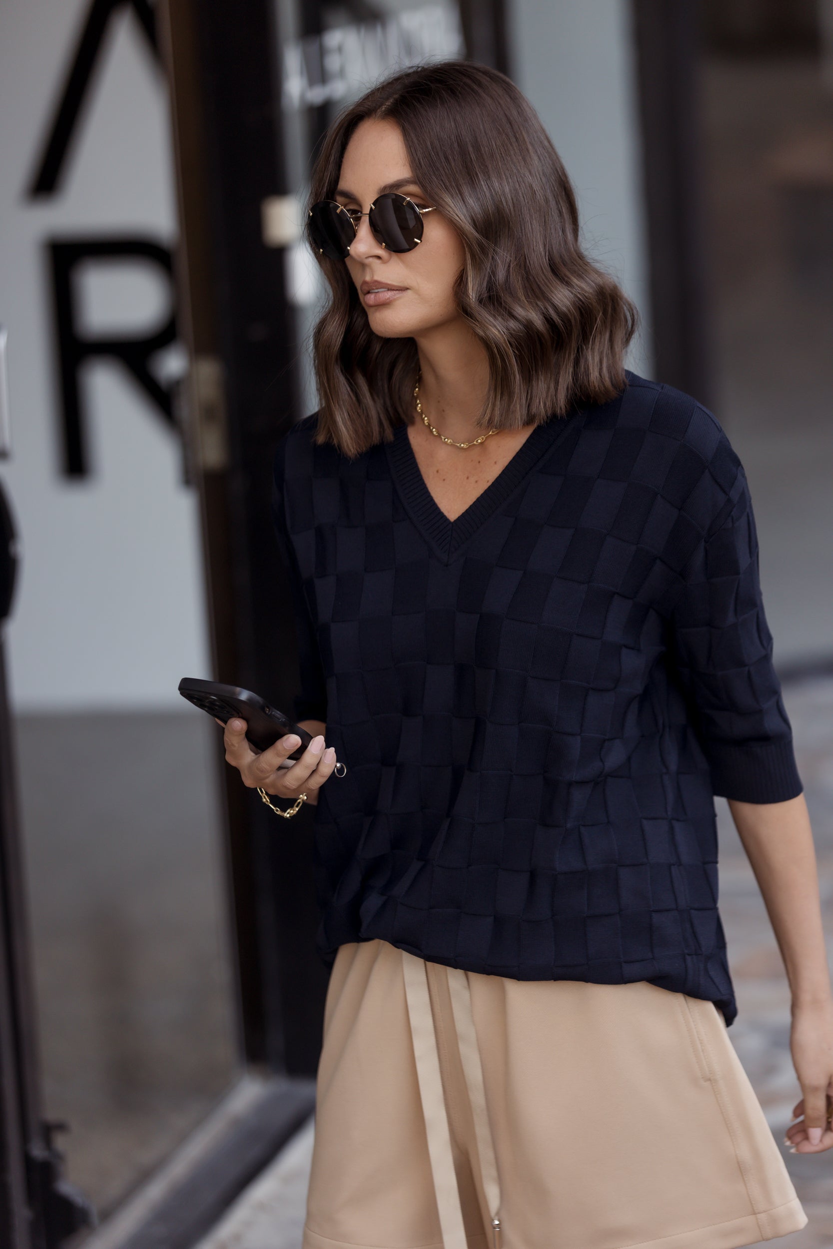 LUX V Knit Top Navy