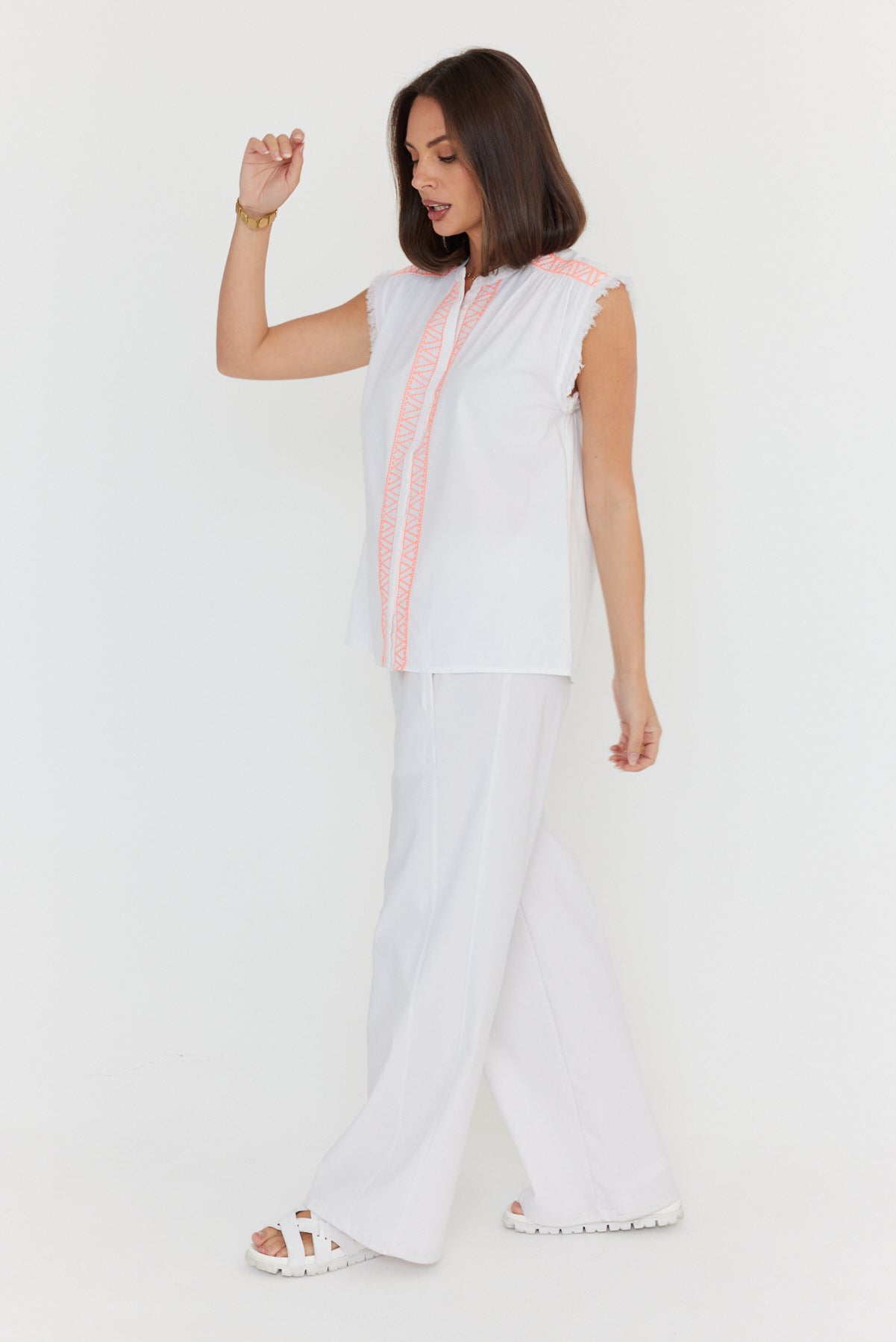 ROMAN Blouse White/Fluro Pink