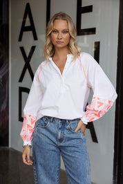 ZOEY Blouse White/Fluro Orange