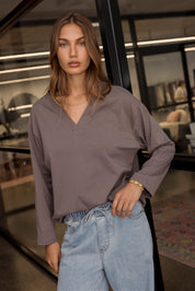 NIX V Long Sleeve Top Taupe Brown