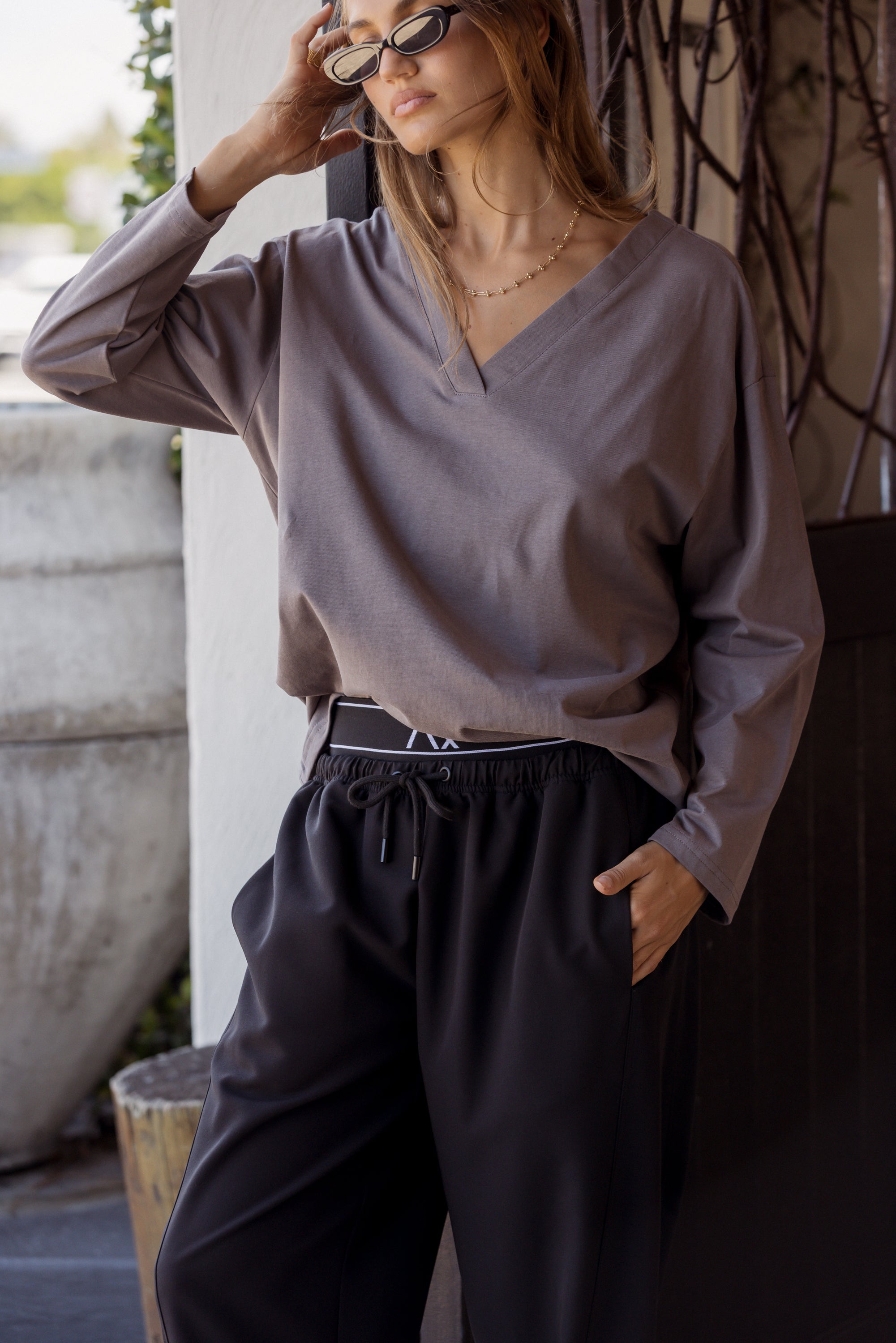 NIX V Long Sleeve Top Taupe Brown