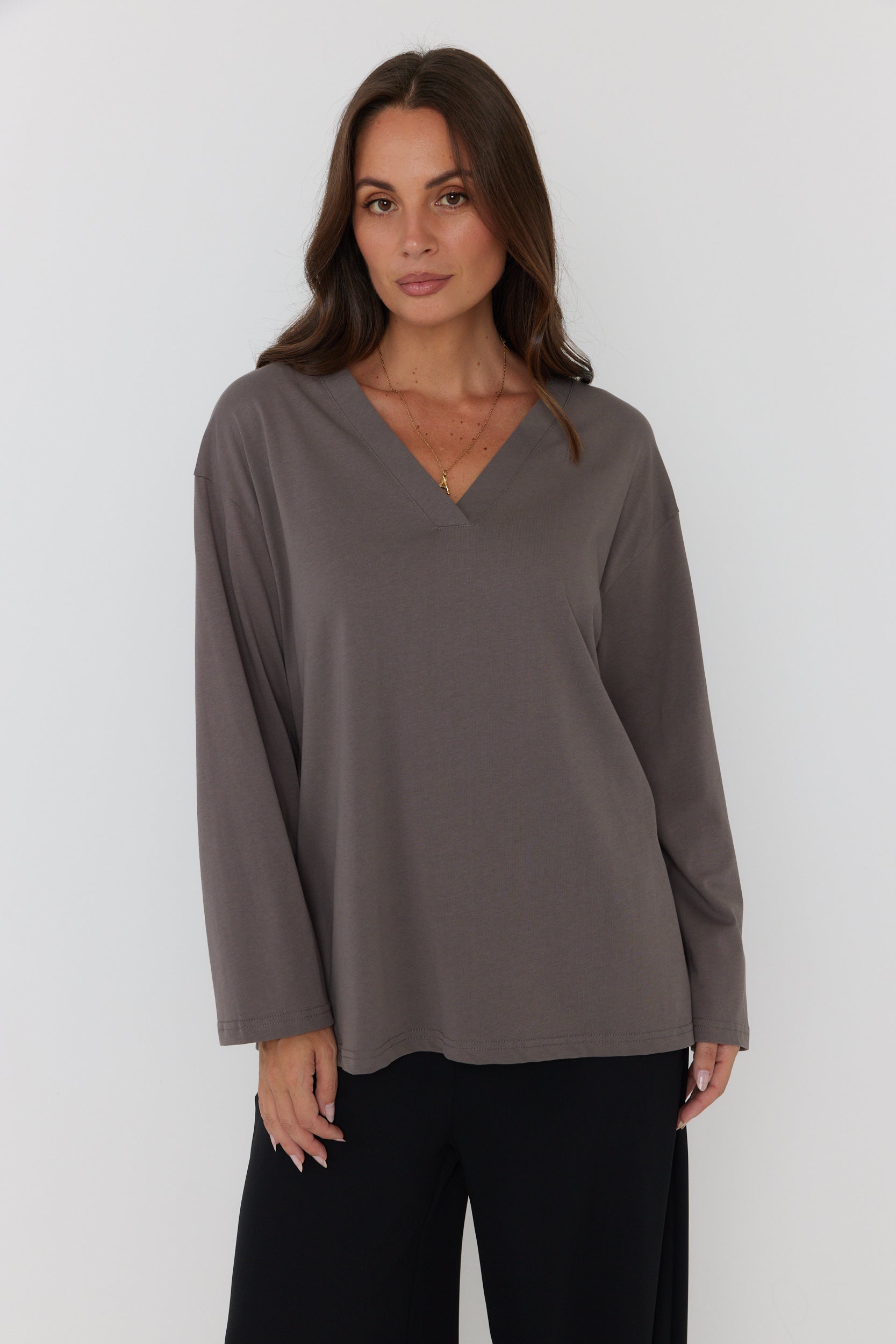 NIX V Long Sleeve Top Taupe Brown – A L E X A N D R A