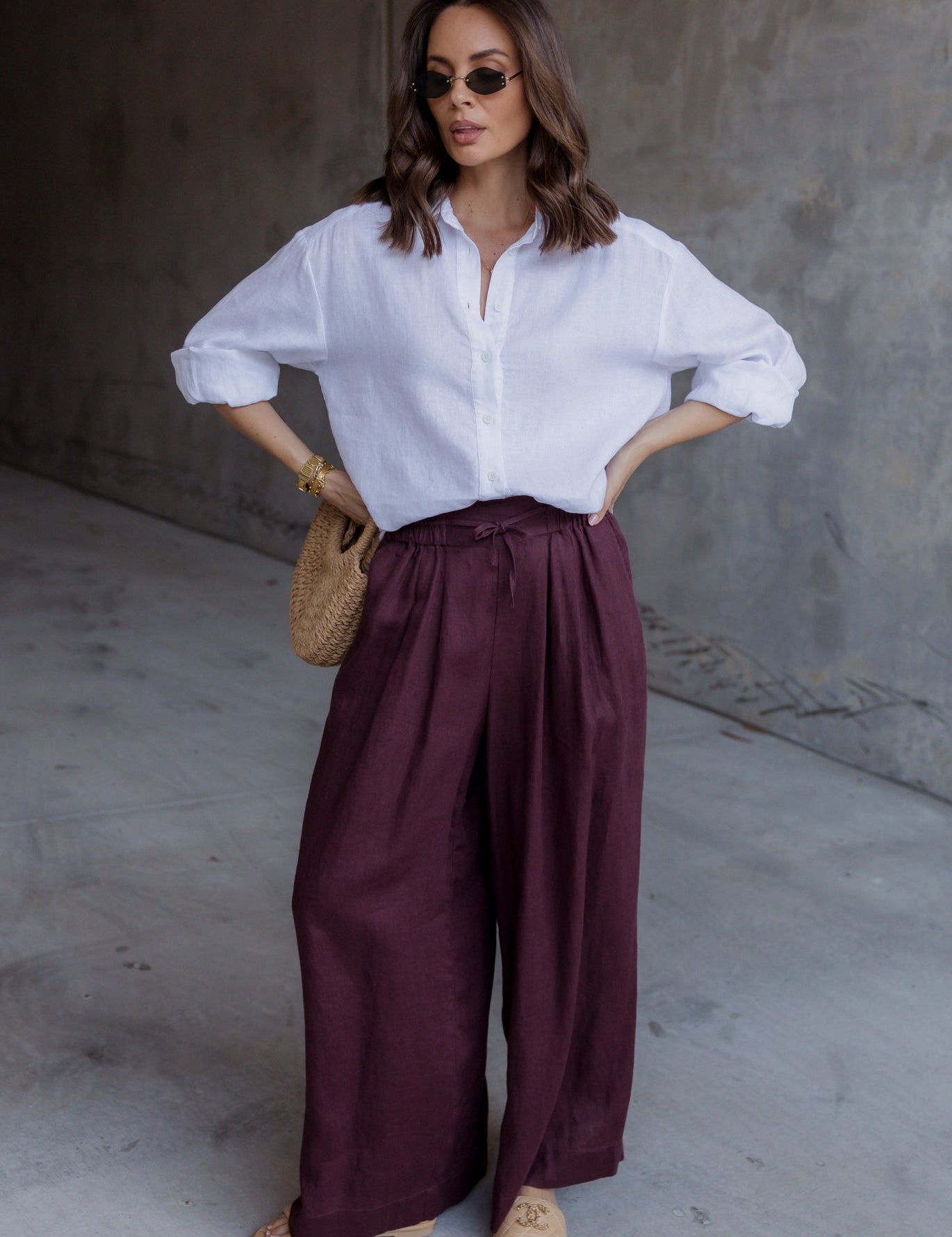 CIEL Pants in Burgundy, relaxed wide leg linen pants by Alexandra Australia