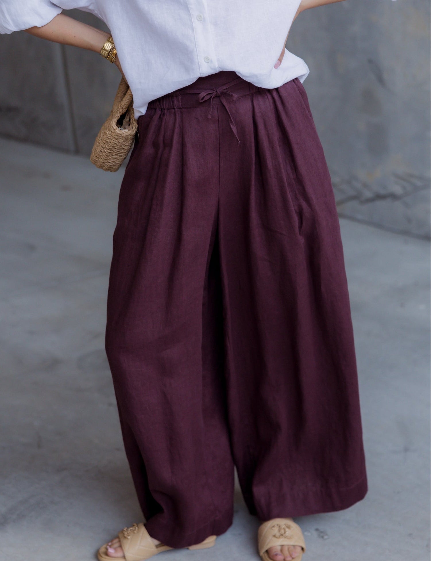 CIEL Pants in Burgundy, relaxed wide leg linen pants by Alexandra Australia